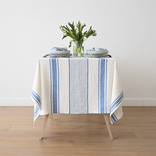 Tuscany Linen Tablecloth - Off White/Blue