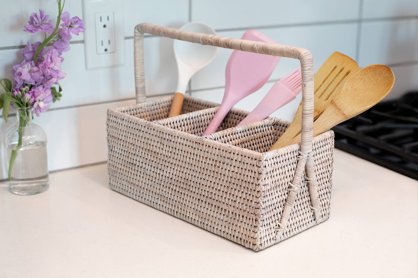 Rattan 3 Section Caddy/Cutlery Holder: Honey Brown