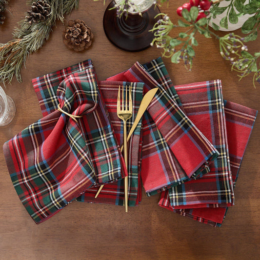 Set of 8 Stowe Tartan Holiday Plaid Cotton Napkins - Red