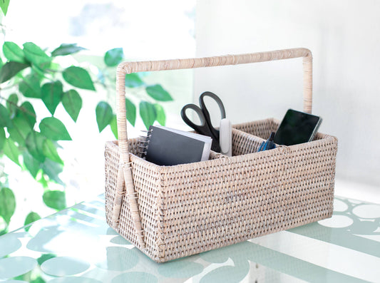 Rattan 3 Section Caddy/Cutlery Holder: Honey Brown