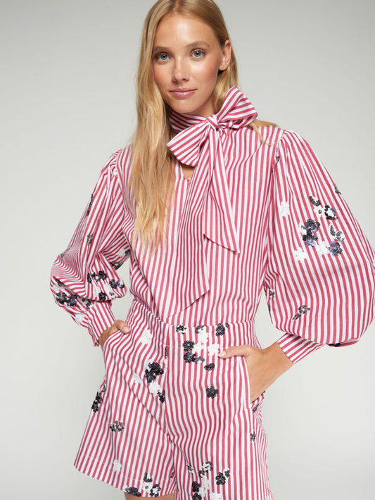 Pink Striped Shirt with Bow and Embroidery