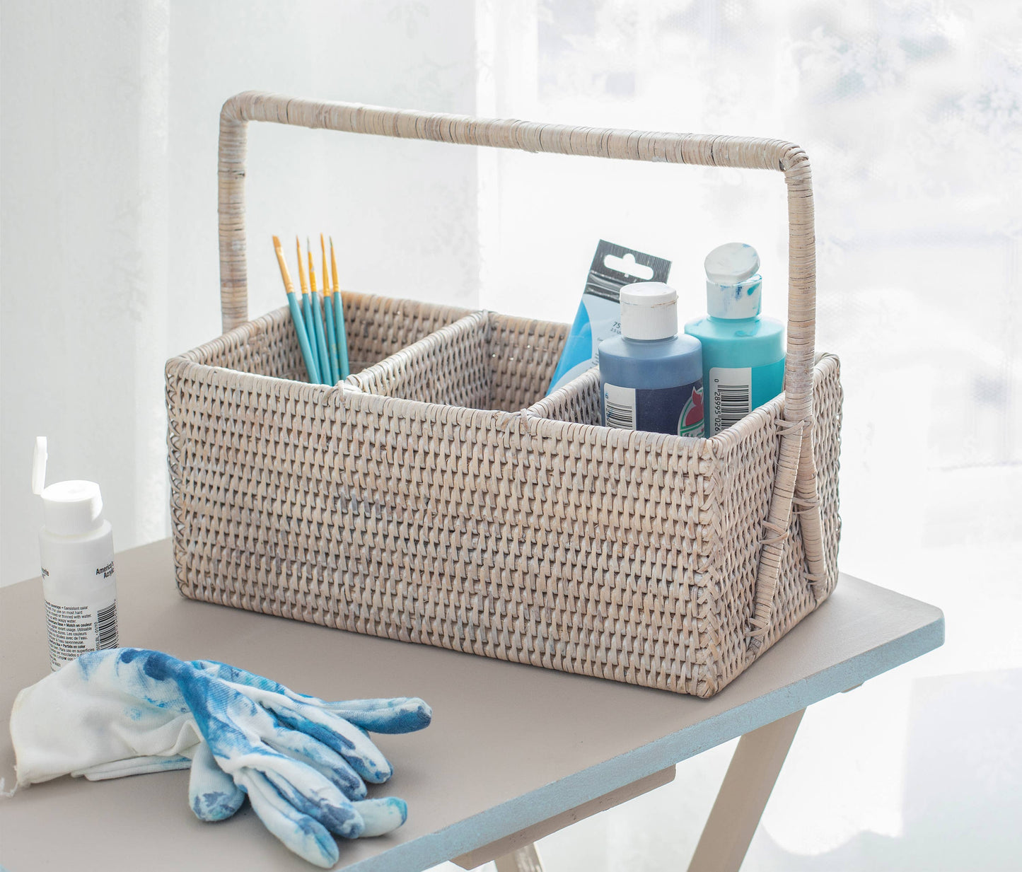 Rattan 3 Section Caddy/Cutlery Holder: Honey Brown