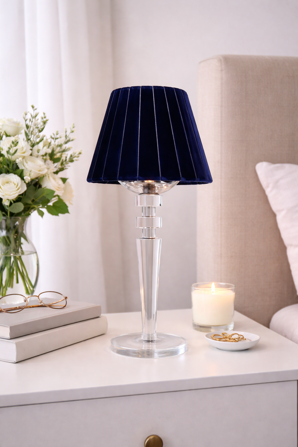 Tall Crystal Rechargeable Lamp with Navy Velvet Shade
