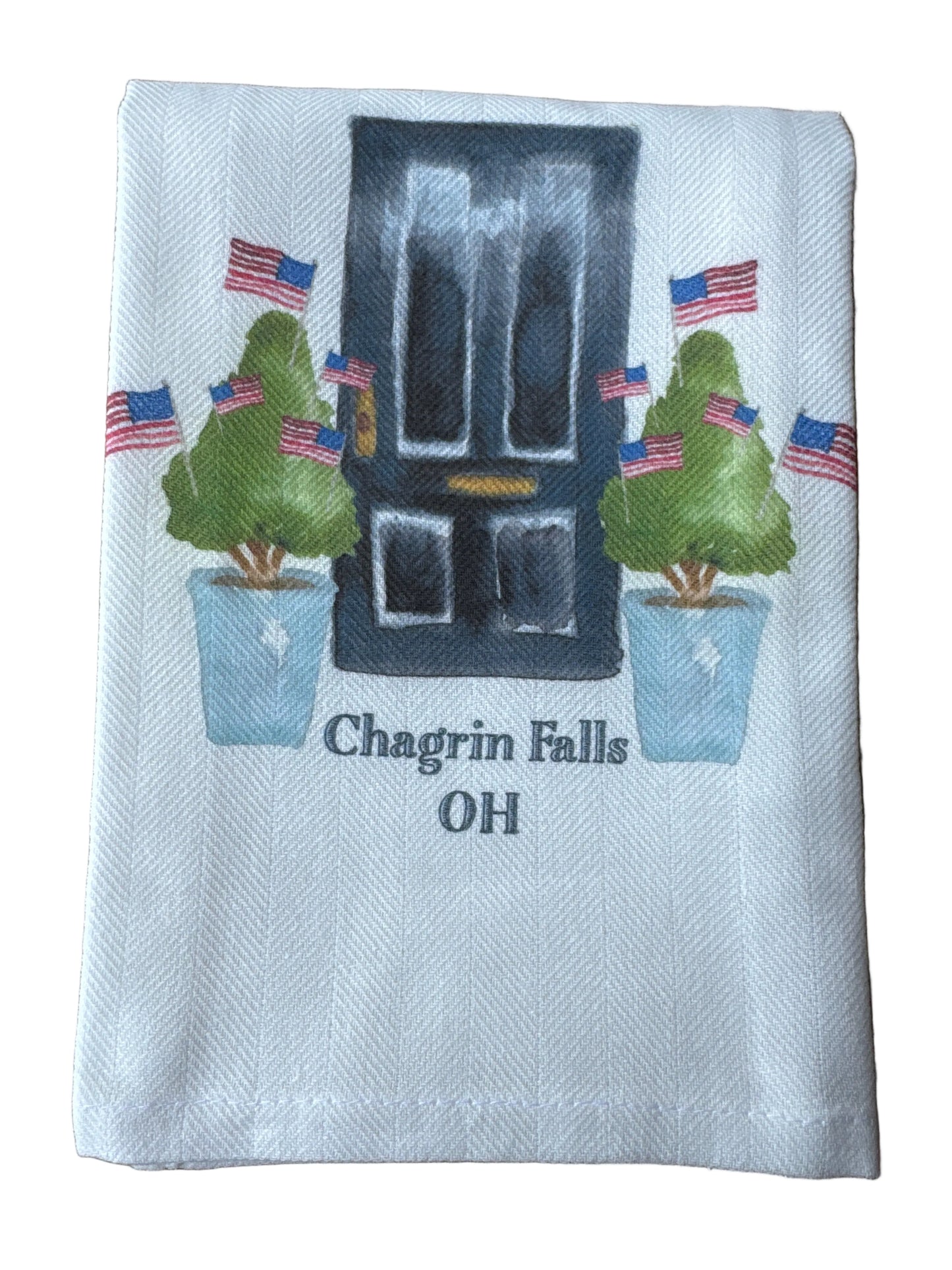 Tea Towel - Chagrin Falls - Black Door with Flags