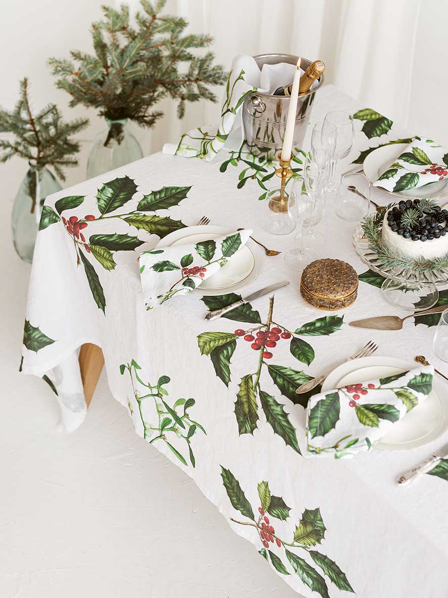 Linen Tablecloth - Holly & Mistletoe