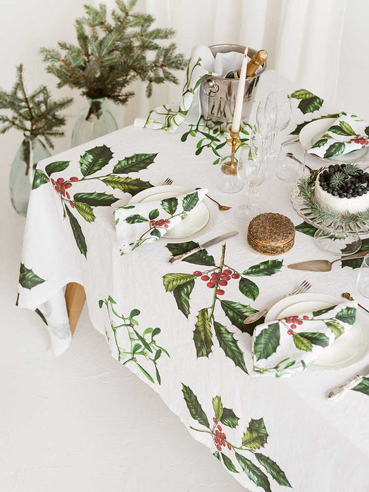 Linen Tablecloth - Holly & Mistletoe