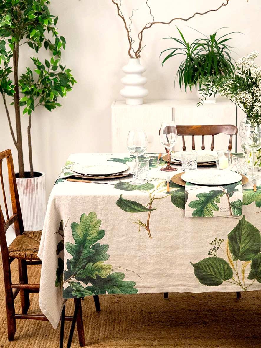 Linen Tablecloth - Green Trees - Natural