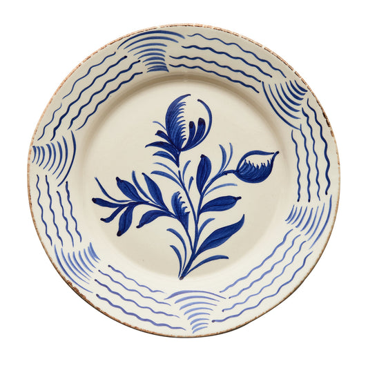 Casa Nuno Blue and White Dinner Plate, 2 Flowers/Waves