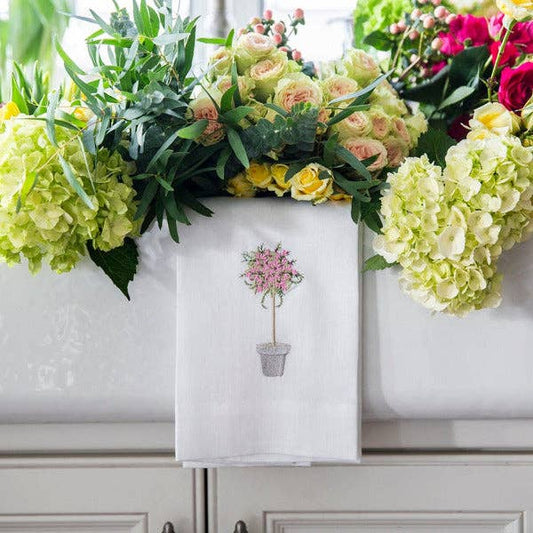 Pink Topiary Linen Towel - White