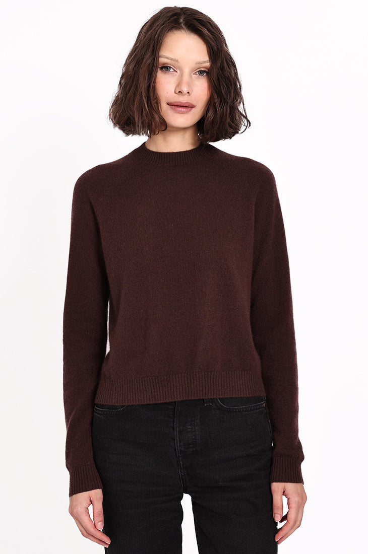 Cashmere Long Sleeve Shrunken Crew Neck Sweater - Chocolate