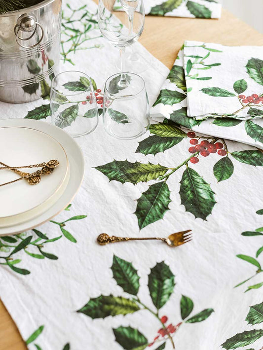 18"x54" Linen Table Runner - Holly & Mistletoe