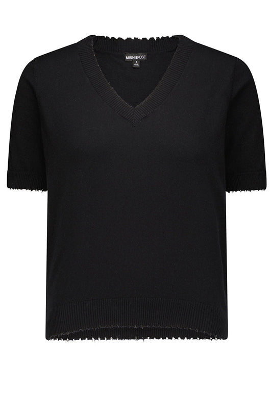Cotton/Cashmere Frayed V Neck Sweater Tee, Short Sleeve - Black