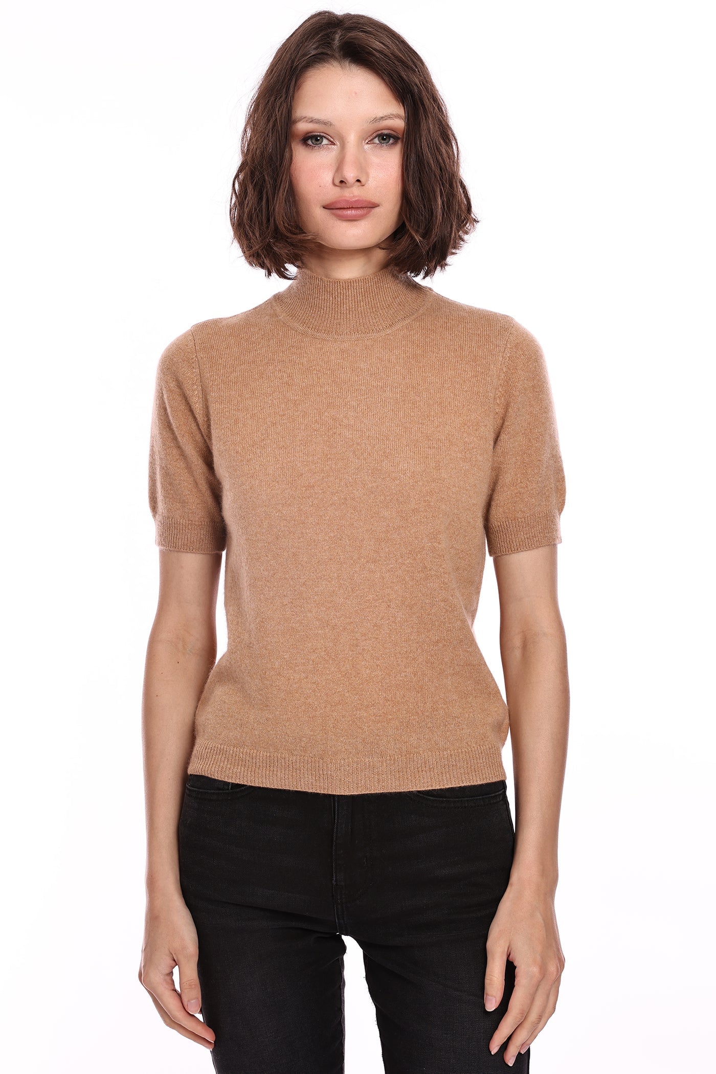 Cashmere Short Sleeve Mock Neck Top - Camel