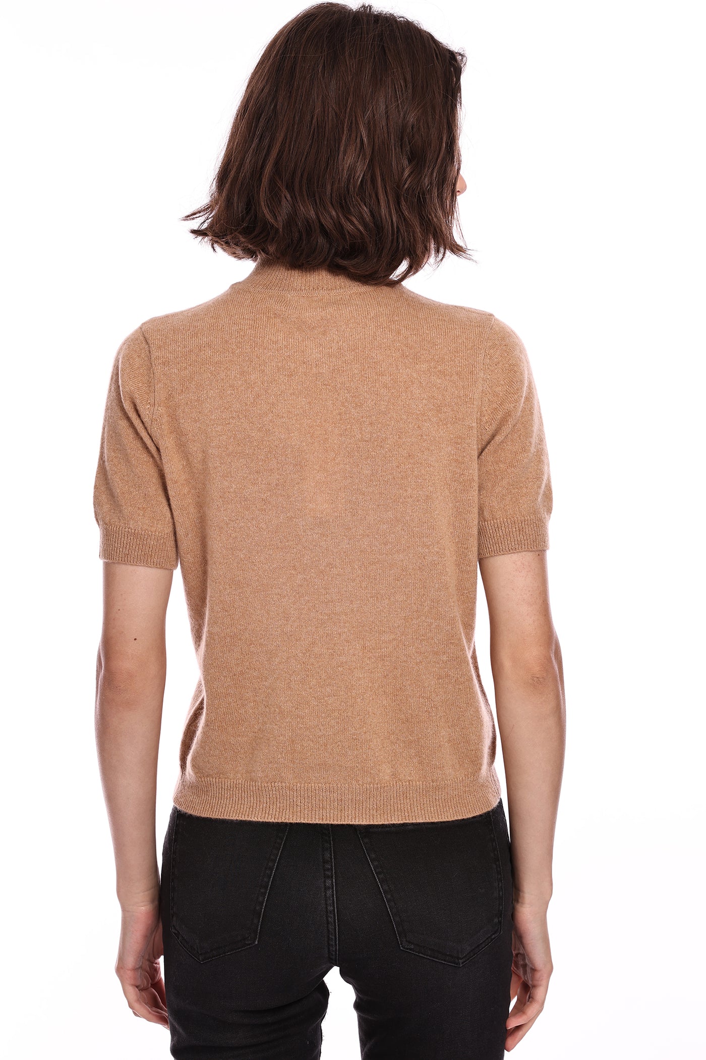 Cashmere Short Sleeve Mock Neck Top - Camel