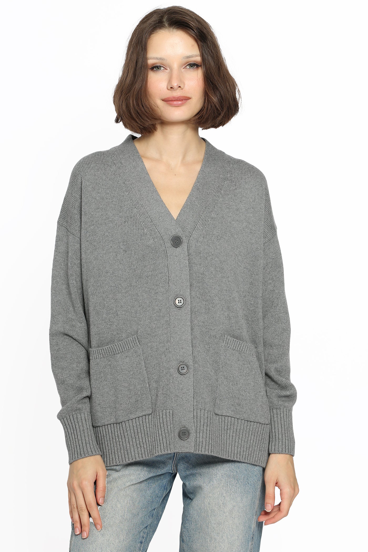 Cotton Cashmere Oversized Cardigan w/contrast Detail - Grey Shadow