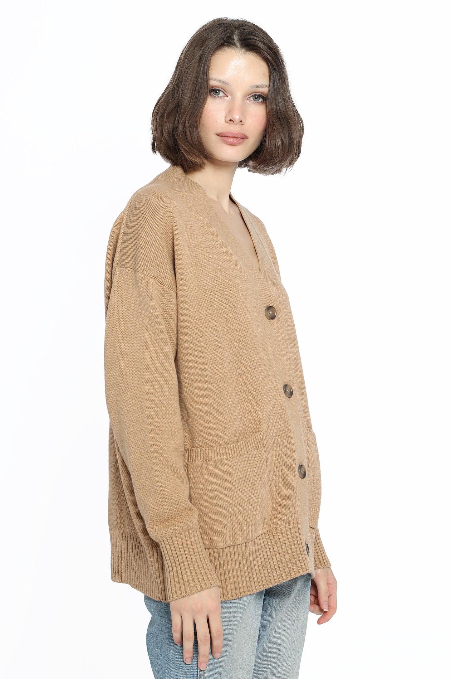Cotton Cashmere Oversized Cardigan w/contrast Detail - Camel