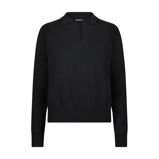 Supima Cotton Cashmere Long Sleeve Polo Henley - Black