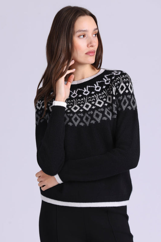 Cashmere Fair Isle Crew Neck with Tipping - Black Combo