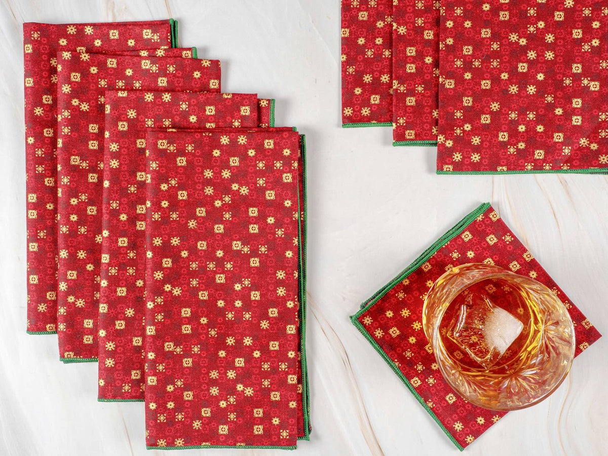 Cocktail Napkins - Set of 4 Retro Christmas Napkins Red/Gold