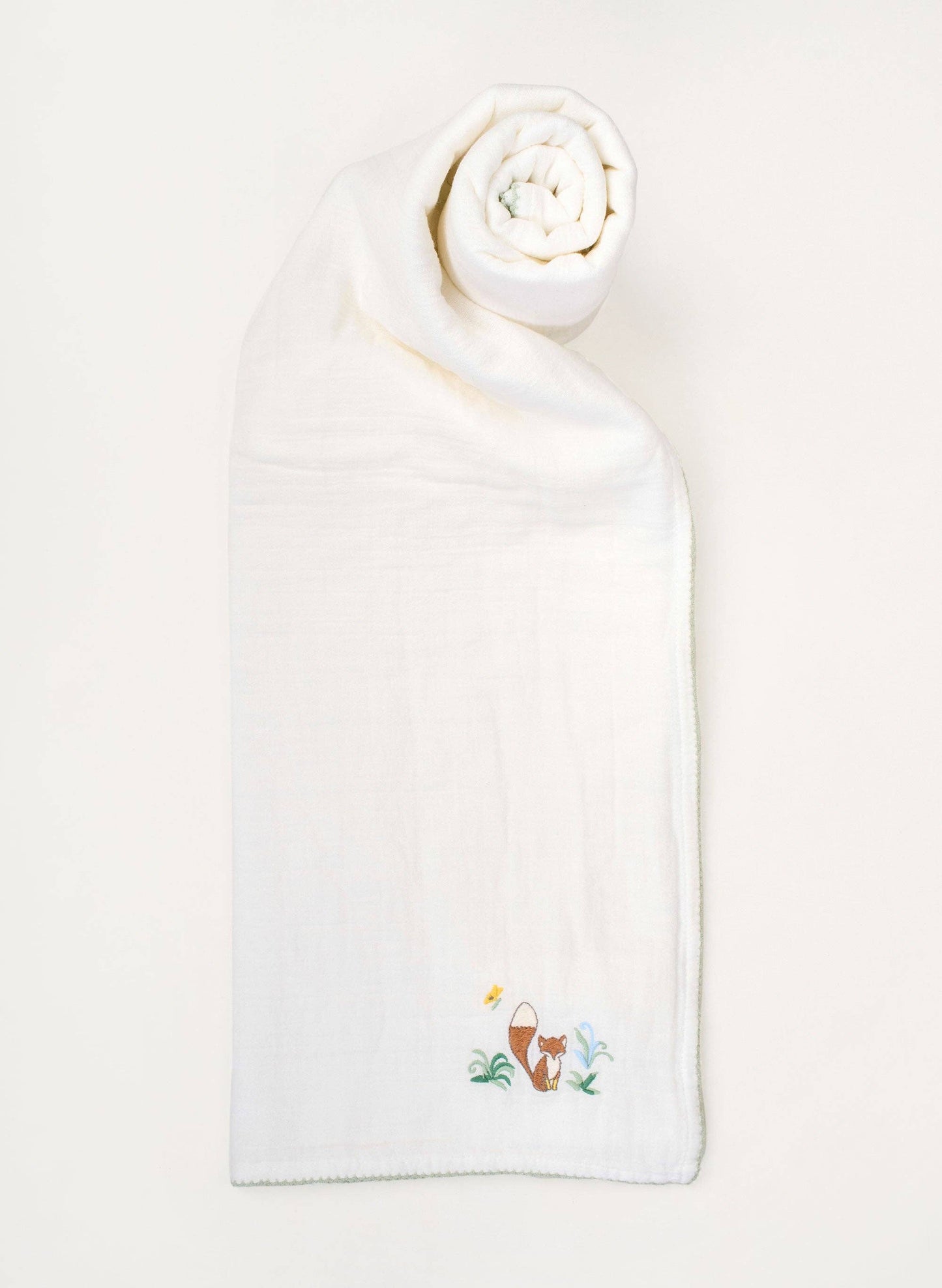 Shawl Blanket - Fox Embroidered - White