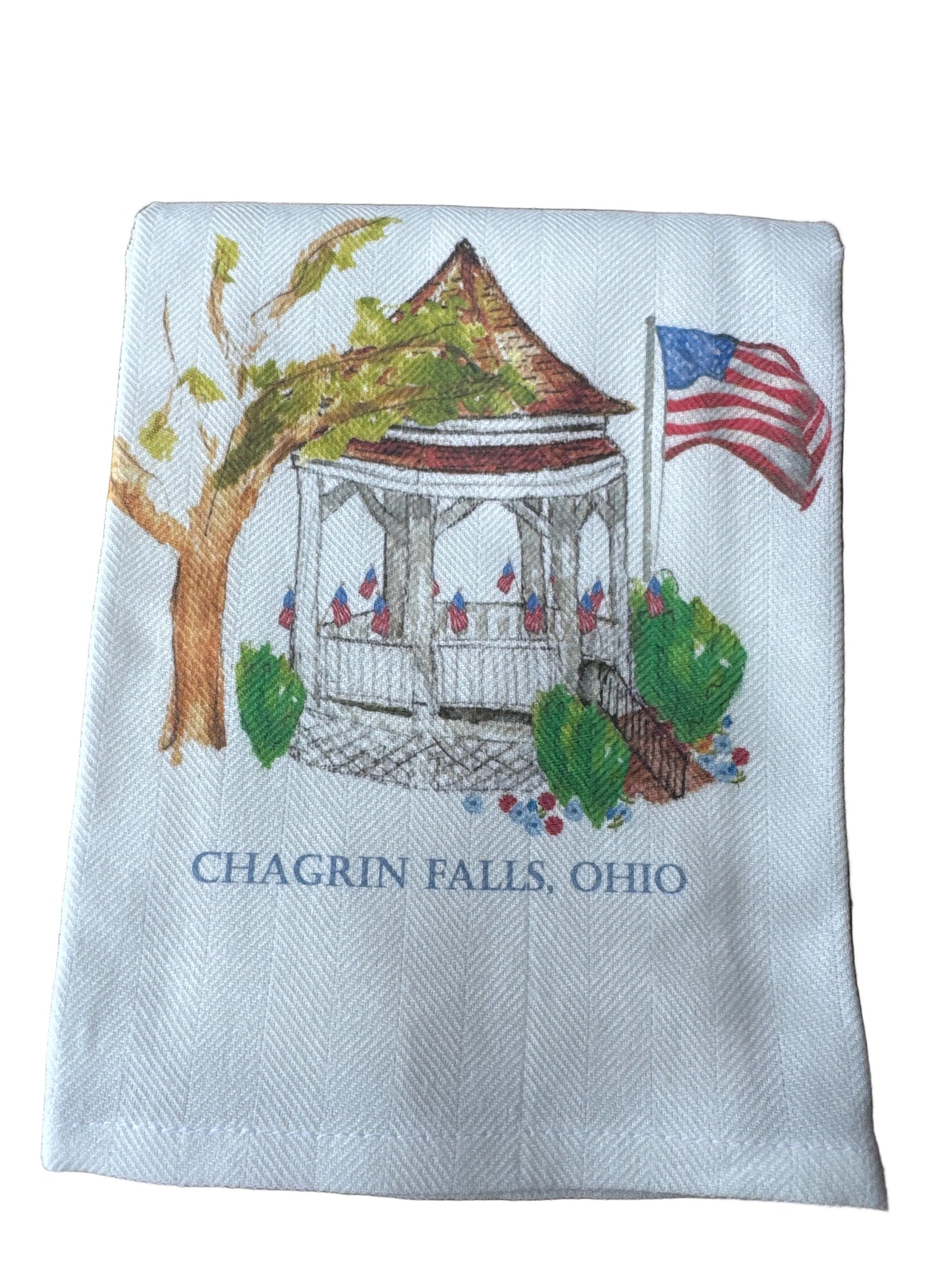 Tea Towel - Chagrin Falls - Gazebo with American Flags