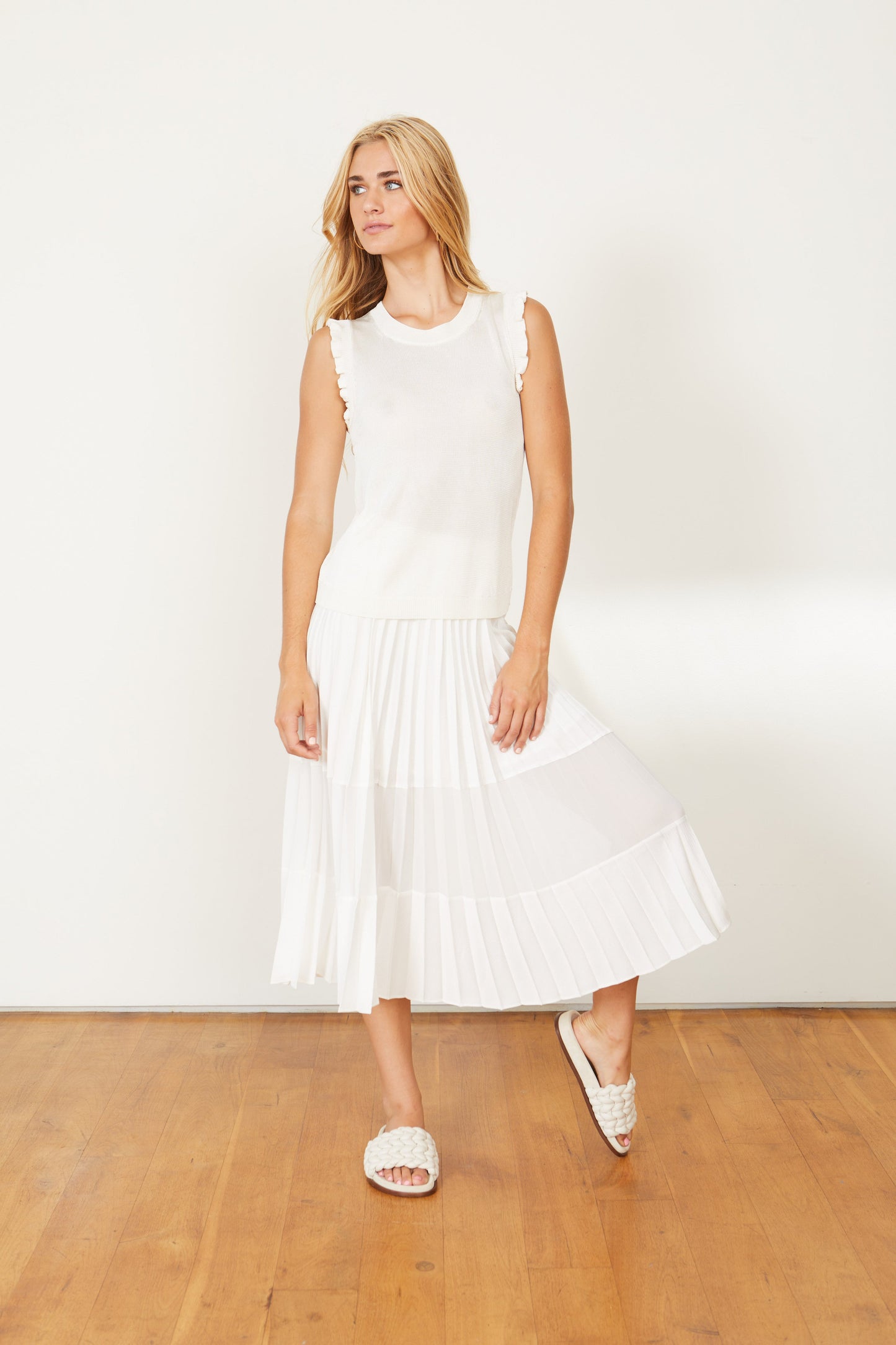Mia Pleated Ivory Mesh Panel Skirt - Ivory