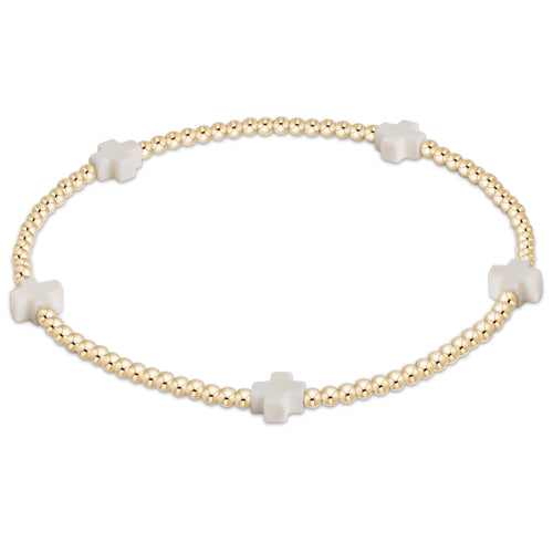 Signature Cross Small Gold Pattern 2mm Bead Bracelet - Off White