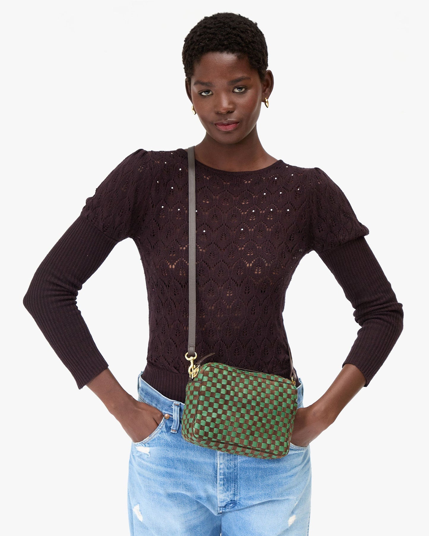 Midi Sac - Leather & Suede Woven Checker - Deep Pine/Chocolate