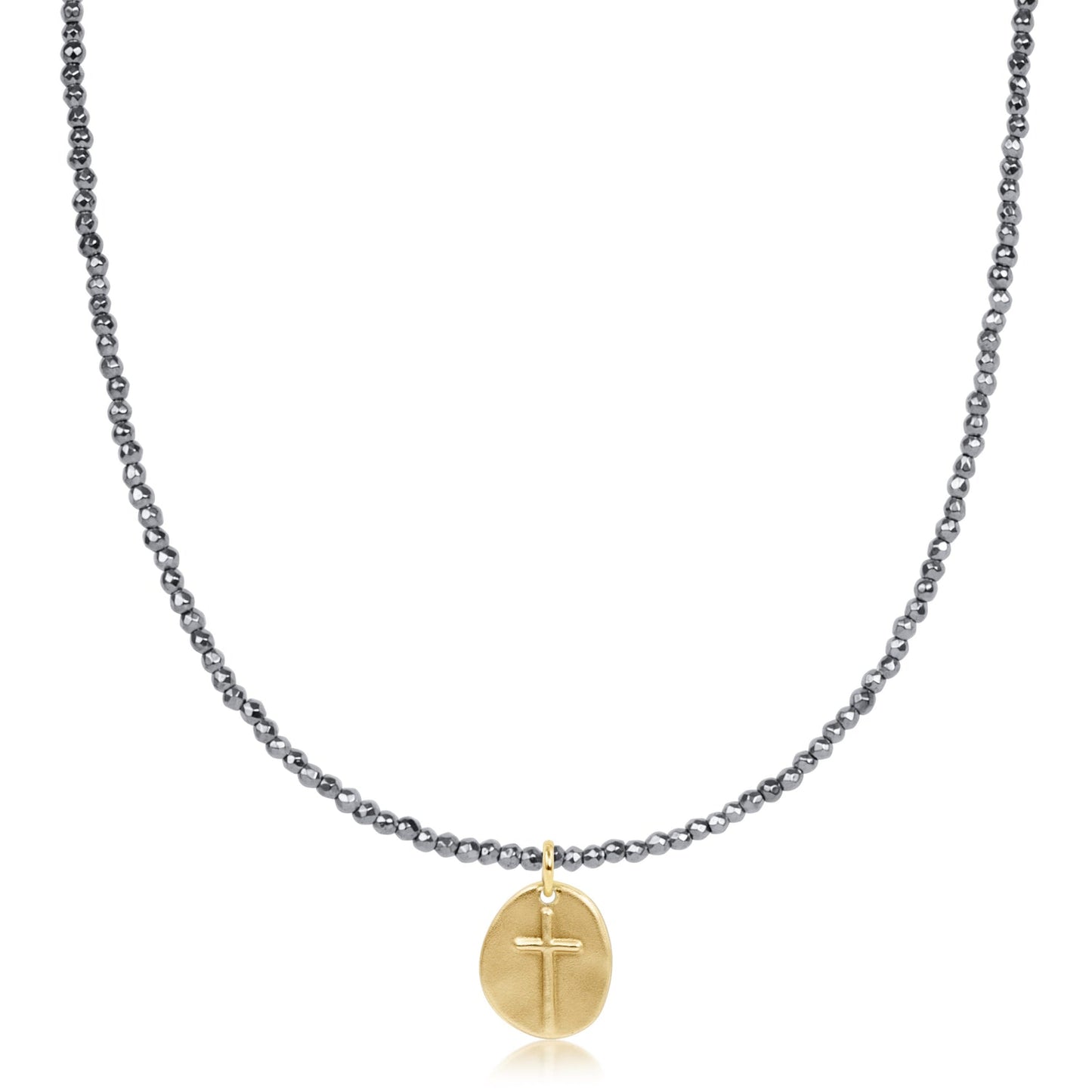 15" Choker Silver Faceted Hematite - 2mm Bead - Inspire Small Gold Charm