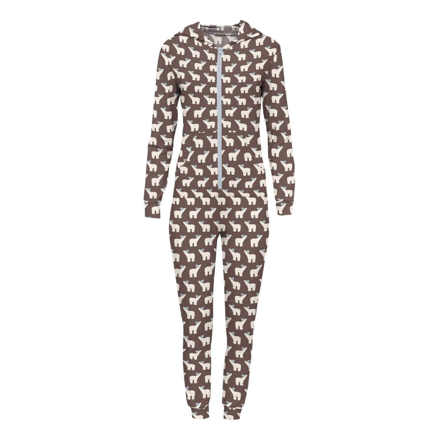 Adult Long Sleeve Jumpsuit with Hood - Coffee Polar Bears