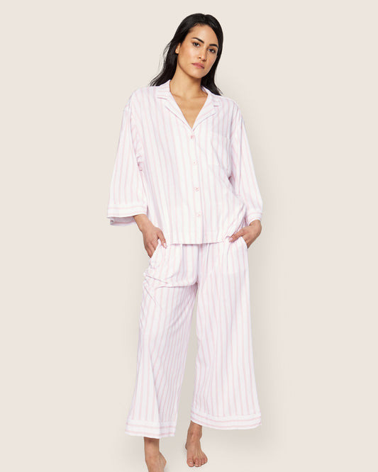 The Olivia Wide Leg Pima Pajama Set - Pink Stripe