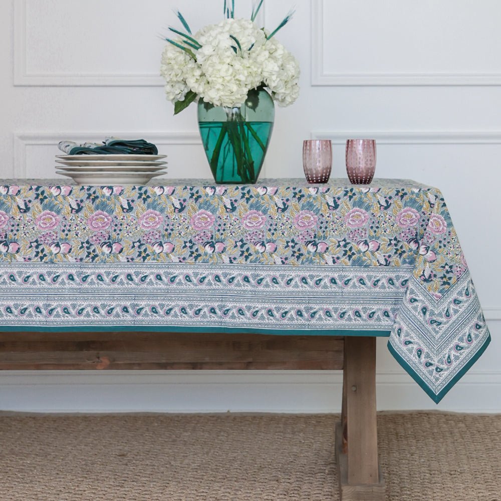 60"x90" Pomegranate Garden Teal & Lilac Tablecloth