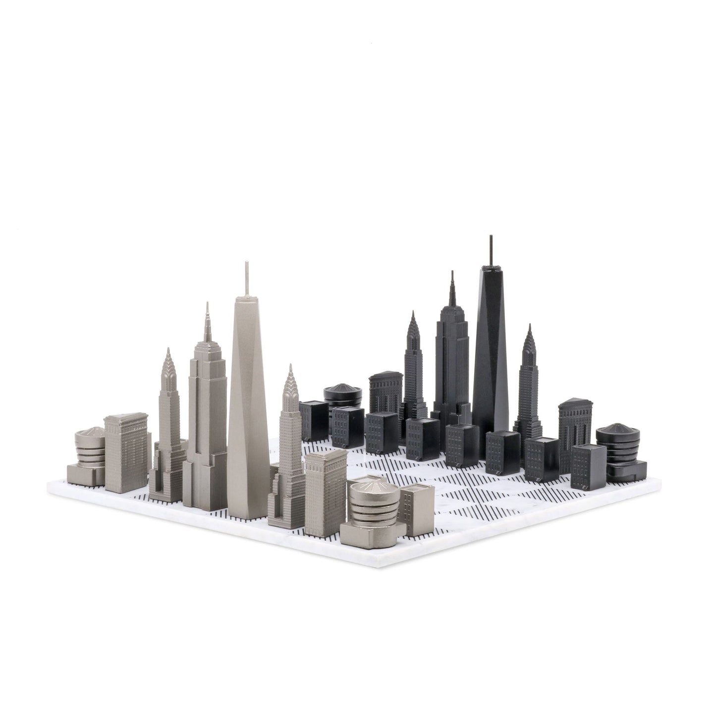 Stainless Steel Chess Set New York Edition on Marble Hatch Board