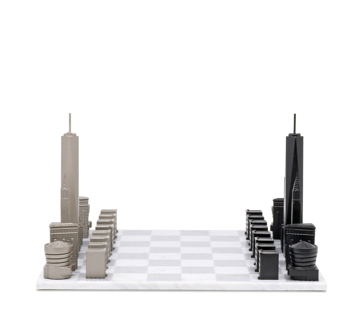 Stainless Steel Chess Set New York Edition on Marble Hatch Board