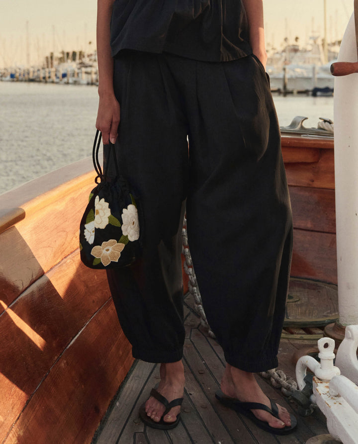 The Embroidered Cinched Bucket Bag - Black