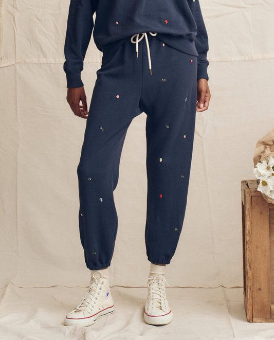 The Stadium Sweatpant with tossed Floral Embroidery - Navy