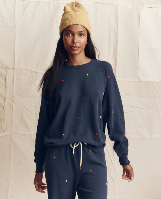The College Sweatshirt with Tossed Floral Embroidery- Navy