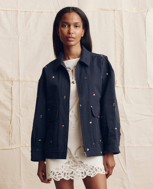 The Folsom Jacket with tossed Floral Embroidery - Navy