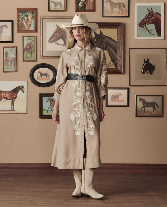The Western Embroidered Herd Dress - Soft Tan with Cream Embroidery