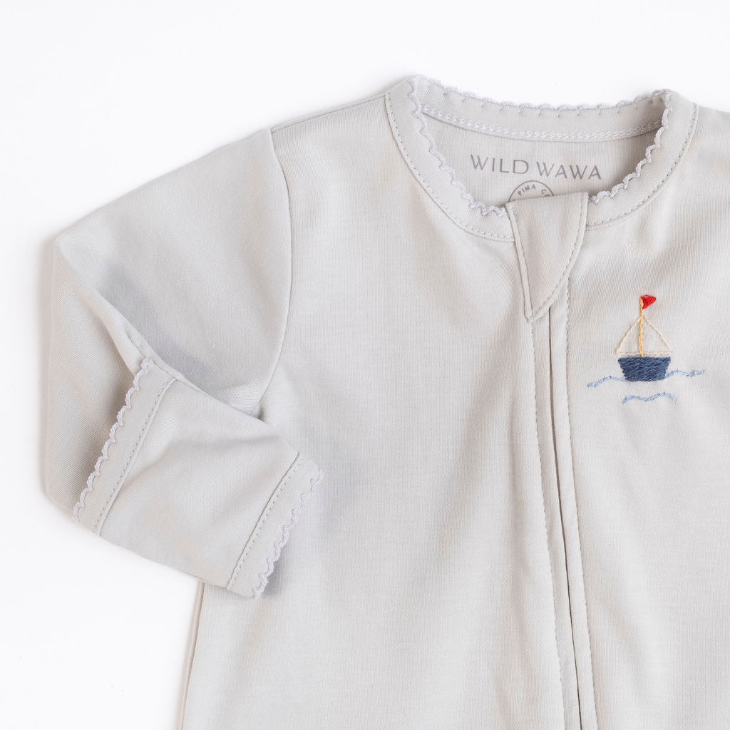 Pima Embroidered Footie - Blue Boat