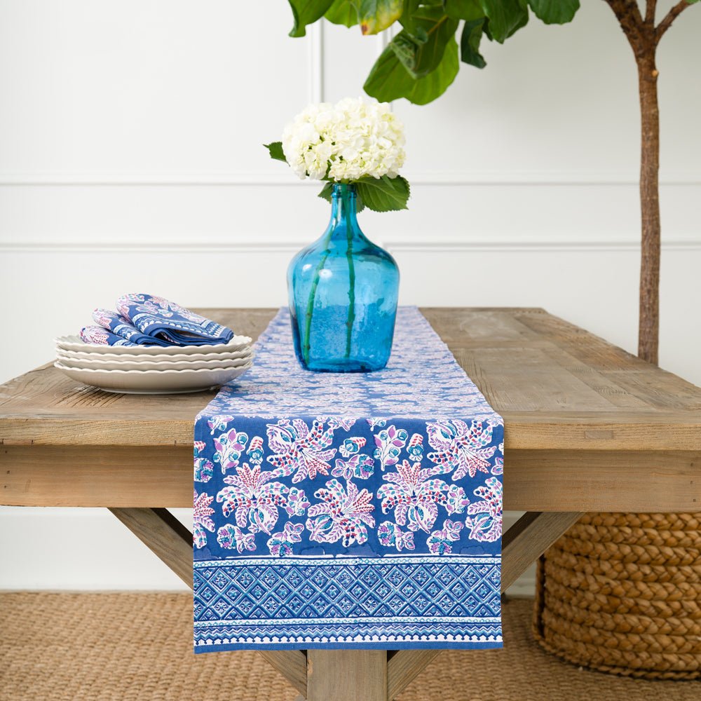 14"x108" Grecian Palm & Blue Orchid Table Runner