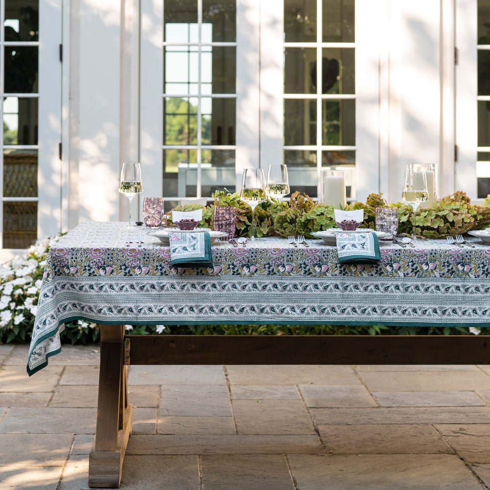 60"x120" Pomegranate Garden Teal & Lilac Tablecloth