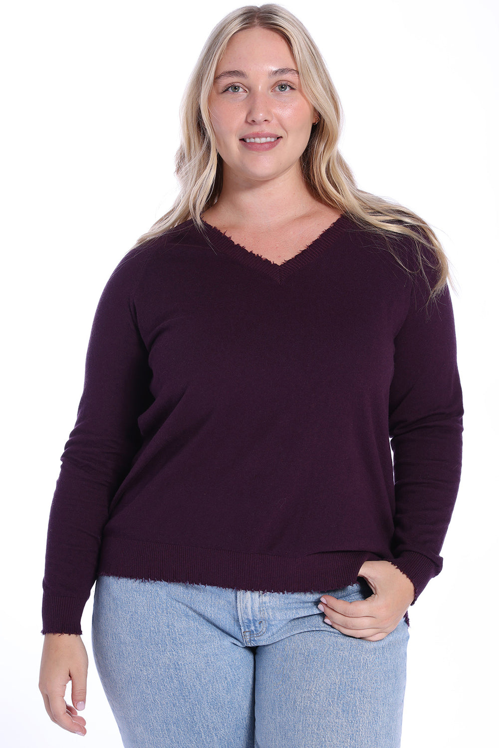 Plus Size Cotton/Cashmere Distressed V-Neck Sweater