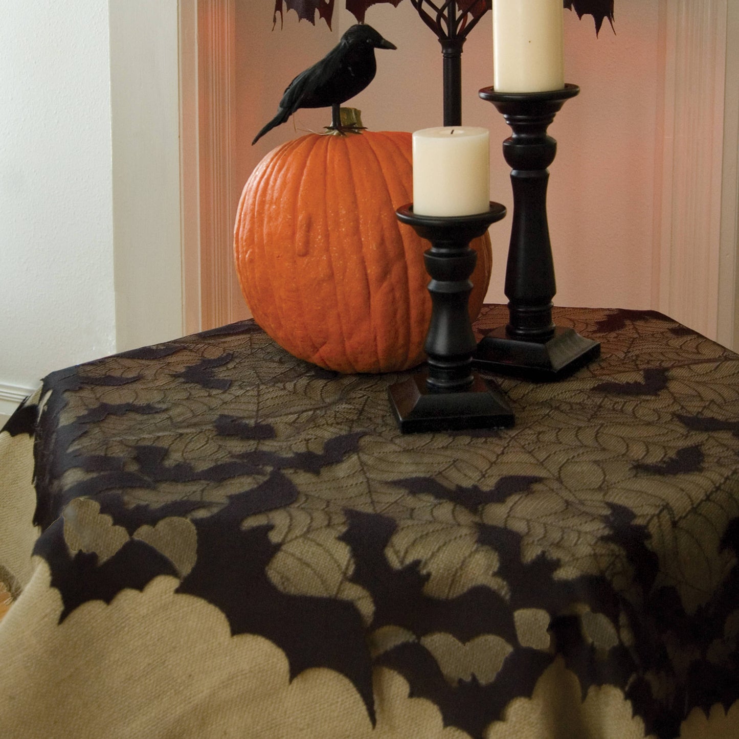 44" Round Lace Tablecloth - Halloween Bat Spider Web - Black