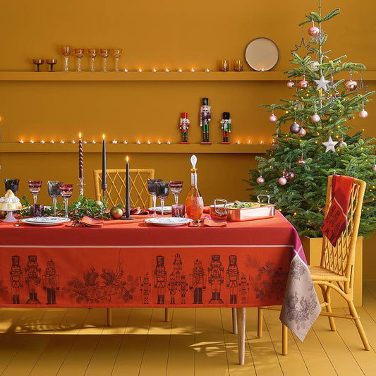 Casses Noisettes Rouge Festif Jacquard Tablecloth, Stain-Resistant Cotton