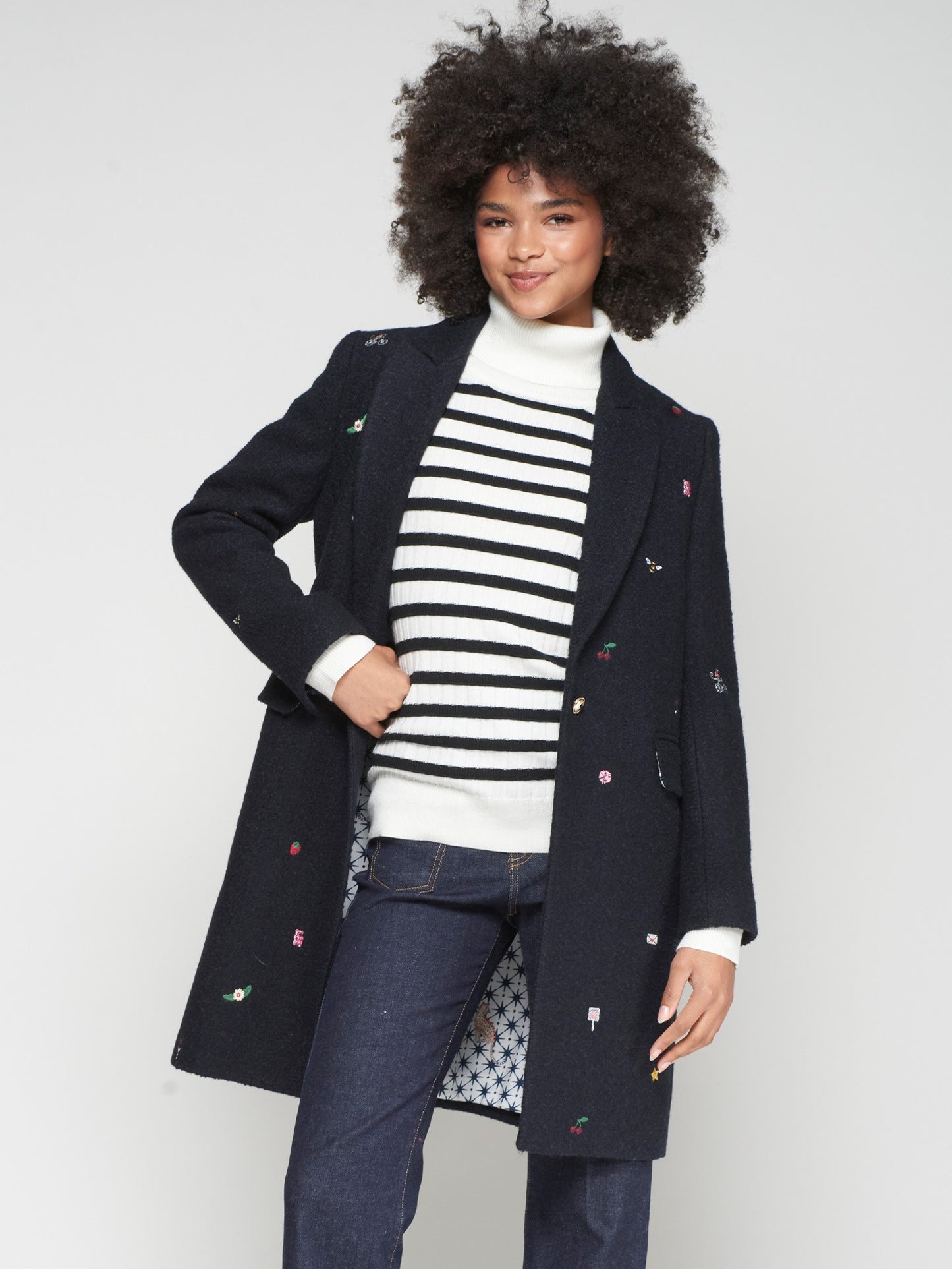 Navy Blue Coat with Mini Embroidery