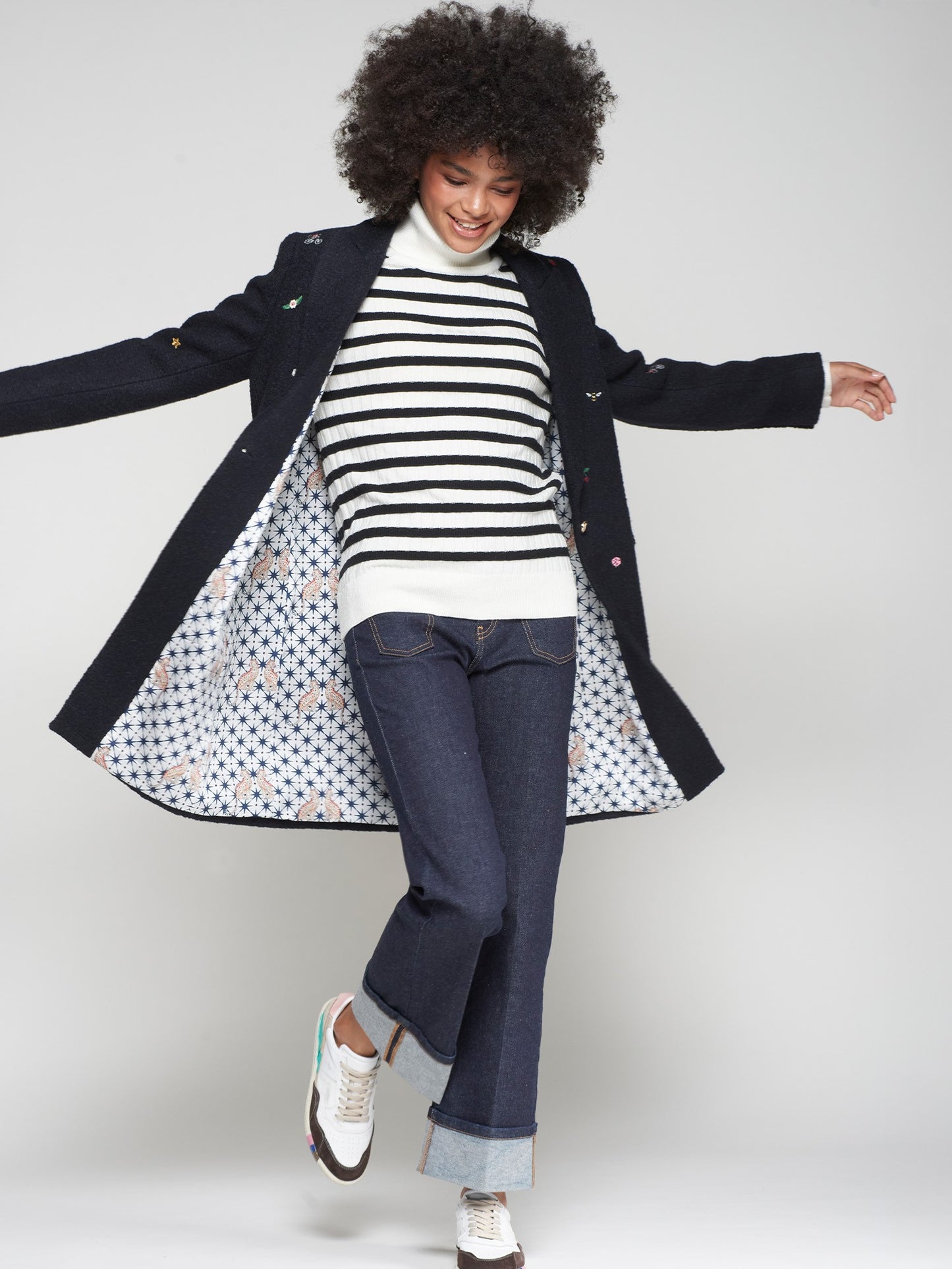 Navy Blue Coat with Mini Embroidery