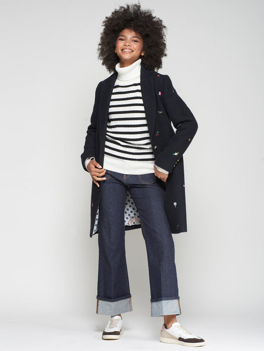 Navy Blue Coat with Mini Embroidery