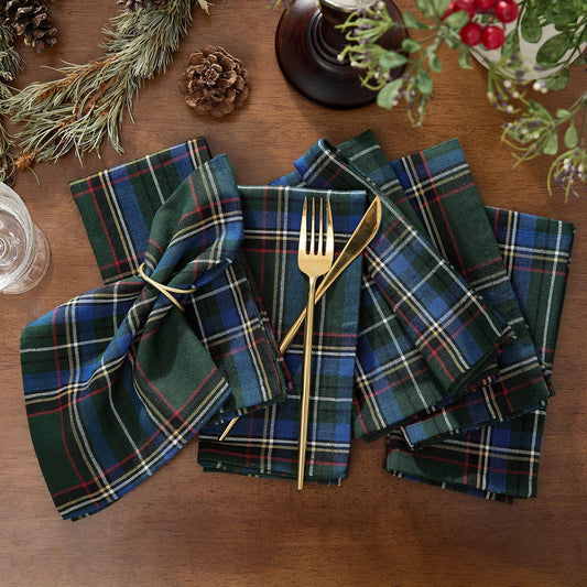 Set of 8 Stowe Tartan Holiday Plaid Cotton Napkins - Green