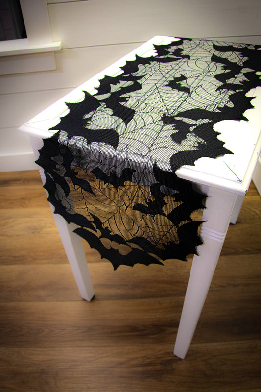 Lace Table Runner - Halloween Bat Spider Web - 14"x48"/Black